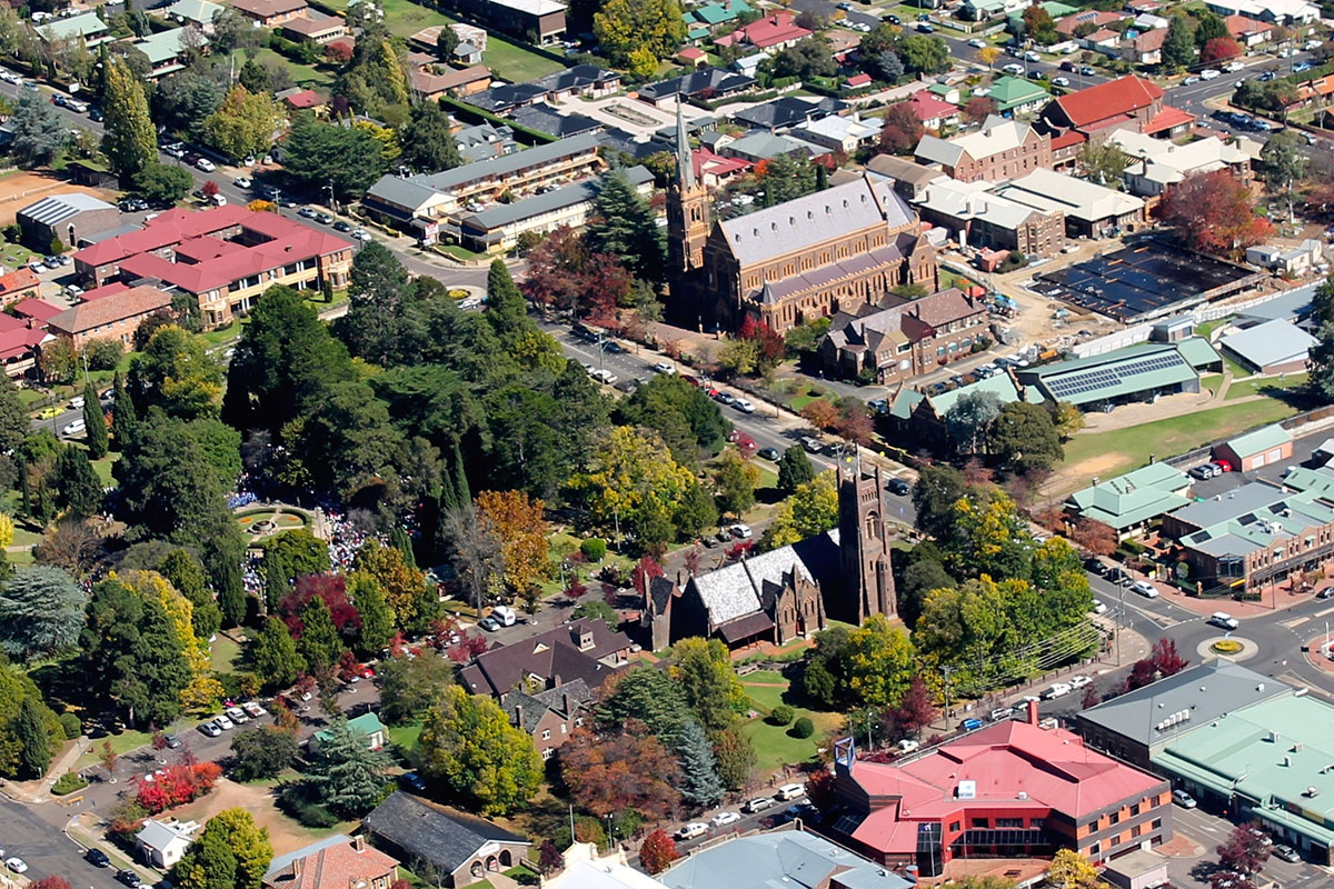Churches in the area of Armidale from an aerial view
